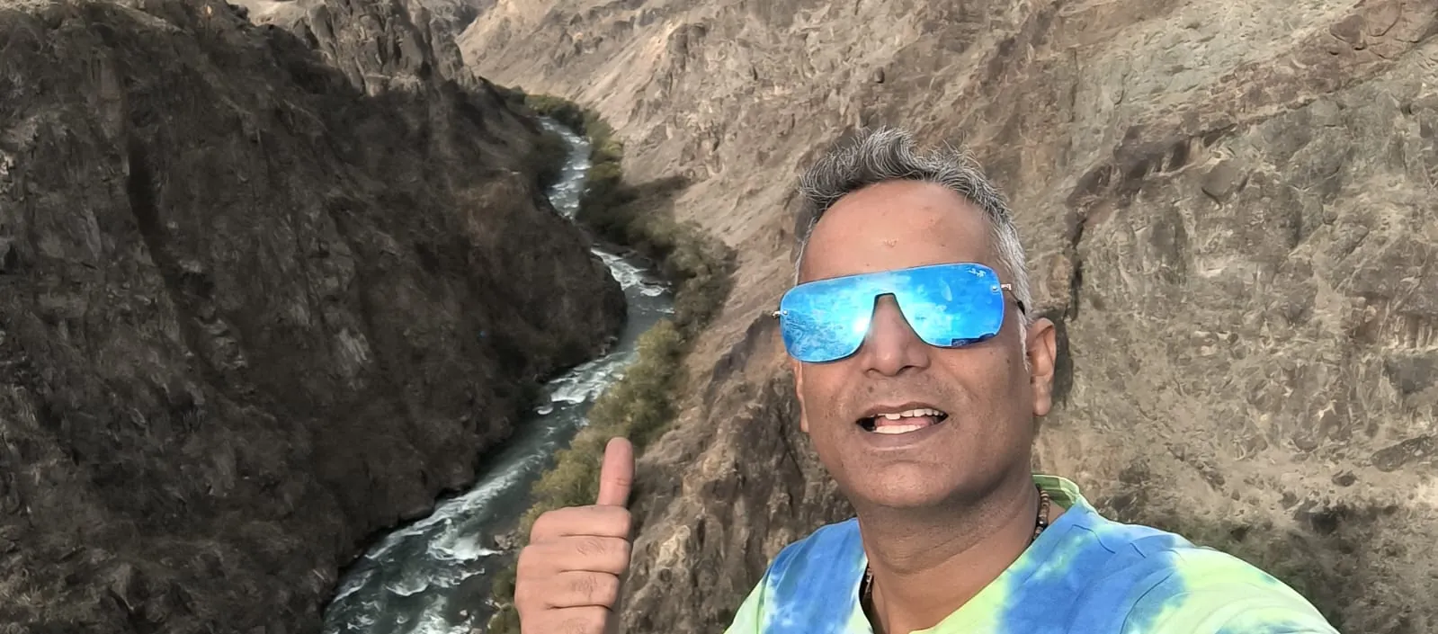 Looking over a dramatic river canyon in Kazakhstan.