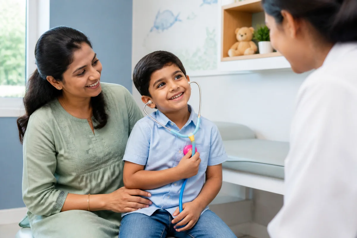 A smiling child with a parent during a supportive pediatric consultation